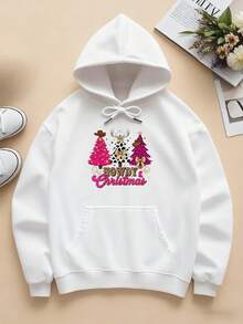 Women's Casual Printed Hoodie Christmas Clothes Women Cowboy Christmas Tree Deer Unisex Pullover Sweatshirt Autumn/Winter - White - View 1