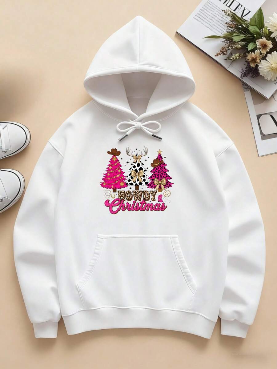 Women's Casual Printed Hoodie Christmas Clothes Women Cowboy Christmas Tree Deer Unisex Pullover Sweatshirt Autumn/Winter - White - View 1