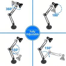 Metal Desk Lamp With Clamp, Swing Arm, Architect Adjustable Gooseneck Table Lamp, Clip Desk Lights For Home Office, Work, Study, Reading, E26 Base, Multi-Joint, Black - 查看 6