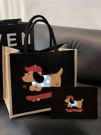 Hand Tote Bag, Hand-In-Hand Pattern Printed Shopping Bag, Supermarket Shopping And Travel Storage Bag, Linen Hand-Held Tote Bag, Back-To-School Storage, Outdoor, Travel And Back-To-School Storage, Large Capacity Bag,Simple And Textured, Portable Suitable For College Students, White-Collar Workers, Valentine'S Day Gift Packaging