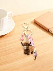 1个可爱迷你奶牛硅胶串珠钥匙扣，带流苏，短款可爱钥匙扣，卡通朋克风格，动物主题，龙虾扣，背包装饰配件，亚克力吊坠，汽车钥匙防丢链，硅胶珠，流苏，背包配件，汽车钥匙，防丢链 - 适用于汽车钥匙、背包和手提包，也是节日礼物和生日礼物的绝佳选择 - 彩色 - 查看 4