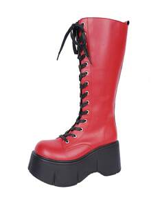 New Punk Style Thick Sole Joker Inspired Round Toe Gothic High Top Riding Boots - Red - View 7