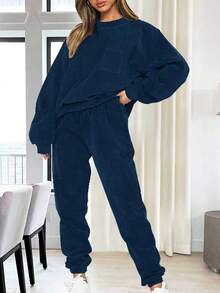 Bộ đồ nữ màu trơn, thoải mái gồm áo dài tay cổ tròn và quần dài có dây rút, kiểu dáng thường ngày, thích hợp cho ngày Valentine/mùa xuân. - Màu xanh lam - Xem 3