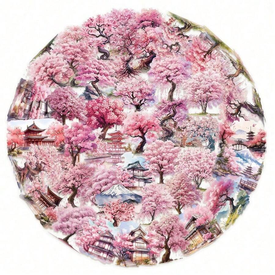 50 Japanese Cherry Blossom And Mount  Watercolor Stickers - Transparent PET Self-Adhesive Reusable Decals, Suitable For DIY Crafts, Scrapbooks, Laptops, Water Bottles, Helmets, Guitars - Retro Aesthetic Decorations, Including Japanese Architecture And Floral Designs, Scrapbook Materials, Laptop Decorations, Traditional Japanese Designs, Durable Adhesives, Laptop Stickers Scrapbook Stickers, Diary Stickers, Sticker Bags, Transparent Stickers, Vinyl Stickers - 1 - 查看 1