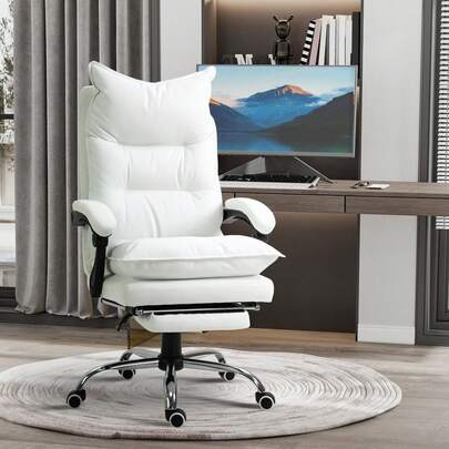 Cadeira de escritório com função chaise longue, cadeira de escritório com apoio para os pés, cadeira giratória com altura ajustável, branca