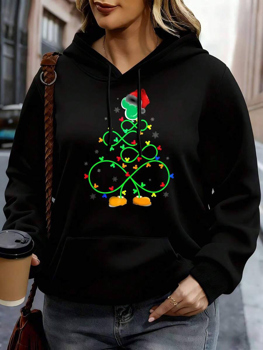 Sudadera con capucha de Disney Blanca con estampado de árbol de Navidad de Mickey Mouse, ropa casual de invierno - Negro - Ver 1