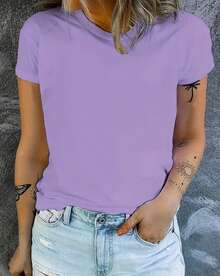 Evil Dolls Print Crew Neck T-Shirt - Fashionable Womens Graphic Print T-Shirt - Casual Short Sleeve Crew Neck Top - Lightweight & Breathable For Spring & Summer Wardrobe, 1 Piece, 200g - 紫色 - 查看 2