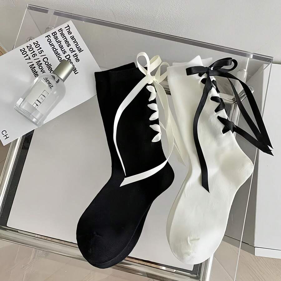 1双女士蝴蝶结短袜，日系洛丽塔风格甜美运动袜，小众中筒长袜，适合女童JK制服，春秋季 - 彩色 - 查看 1