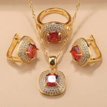 4PCS Square Jewelry Sets Luxury Vintage Fashion Accessory Women Earrings And Necklace Pendant Open Ring Bridal Wedding Jewelry For Women Gift Christmas, Thanksgiving, Valentine's Day, New Year And Birthday