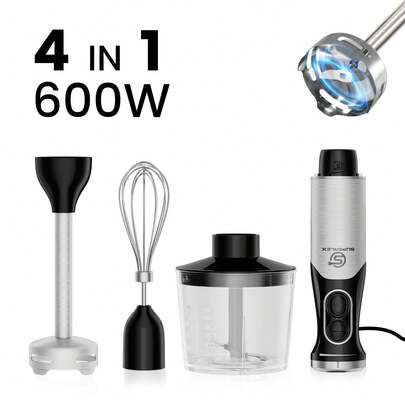 SUPERLEX 4-In-1 Blender, Immersion Blender, Meat Grinder, Hand Blender Set, Food Blender,Eggs Blender, Speed Adjustment, Two-Speed Fast Handheld Beverage Blender, Stainless Steel Whisk, Portable Coffee And Latte Frother, Includes Multi-Function Stick Blender, Whisk, Chopper And Beaker For Smoothies, Soups And Eggs Mixing