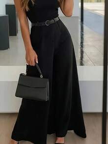 Calça Pantalona Elegante para Uso Diário Feminina, Tecido Tecido de Cor Sólida com Bolsos, Adequada para Escritório e Uso Diário, Primavera/Verão/Outono - Preto - Visão 5