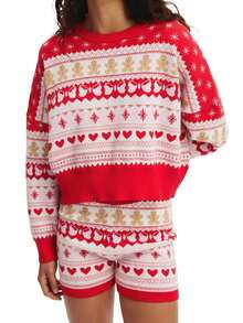 Women Christmas Outfit, Gingerbread Man Knit Long Sleeve Crew Neck Sweater With Elastic Waist Shorts Party Costume - 紅色 - 查看 1
