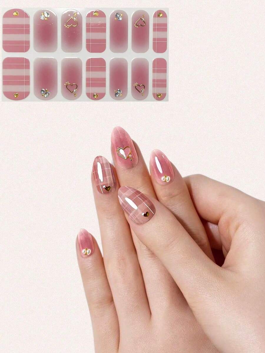 Valentine's Day Pink Heart Shaped Cute Nail Art Stickers, 3D Almond Nail Decals With Faux Diamonds, Adorable Pink Heart Nail Stickers Nails - Baby Pink - View 1
