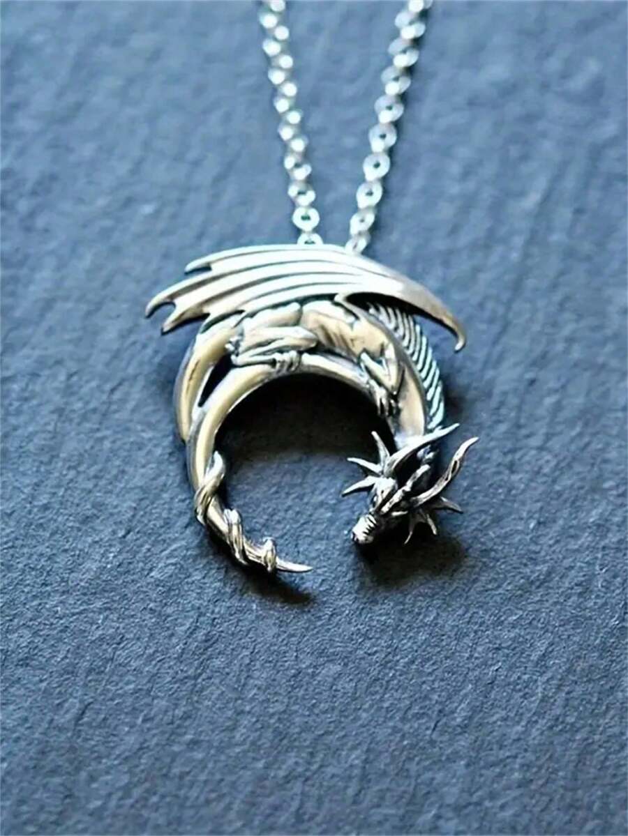 1 chiếc mặt dây chuyền hình rồng phong cách Punk cổ điển, quà tặng trang sức phù hợp cho phụ nữ dự tiệc và du lịch. - Màu Bạc Cổ - Xem 1