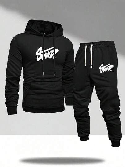 Conjunto de sudadera con capucha y pantalones con cordón en la cintura con estampado de letras para hombre, primavera/otoño, ligero, ropa deportiva de moda, atuendo casual para ir al trabajo, pescar, acampar, de vacaciones, al gimnasio, regalo para novio/esposo