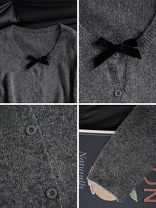 Women's Casual V-Neck Bow Contrast Color Cardigan, Sweet And Gentle Elegant, Fitted Long Sleeve Cardigan, Suitable For Winter, Christmas, Spring Festival New Year - Grey - View 7