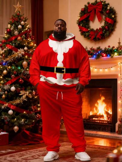 Men's 3D Digital Print Front Drawstring, All-Over Xmas Elements Hoodie And Drawstring Pocket Sweatpants Set