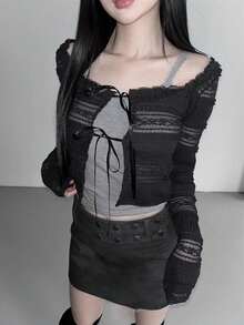 Slim Fit Lace-Up Design Thin Cardigan Jacket - Black - View 1