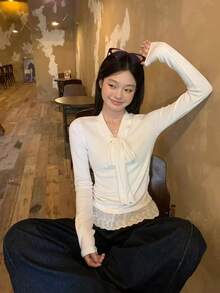 Blusa de manga larga con adorno de lazo y encaje, estilo coreano para capas - Blanco - Ver 2