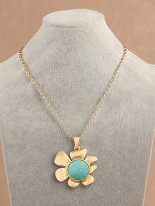 1 Pezzo Collana con Ciondolo a Fiore Grande in Finto Turchese Colore Oro/Argento Opaco, Collana Dichiarazione con Ciondolo a Fiore Grande per Uso Quotidiano da Donna, Catena da 24"+2" Estensibile