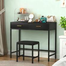 Modern Computer Desk With 2 Drawers Home Office Console Dressing Table Stool - White - View 6