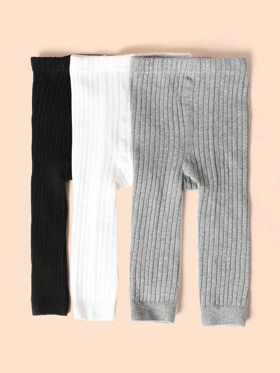 1/3 Pairs Random Solid Color Ribbed Knit Baby Leggings, Warm Autumn/Winter Infant Essentials, Baby Shower Gift, Halloween, Christmas - Multicolor - View 1