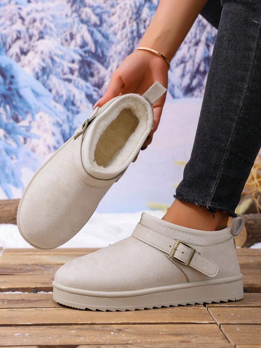 秋冬新款女士时尚休闲搭扣拖鞋，柔软毛绒内里，适合室内穿着，毛绒靴 - 米色 - 查看 1