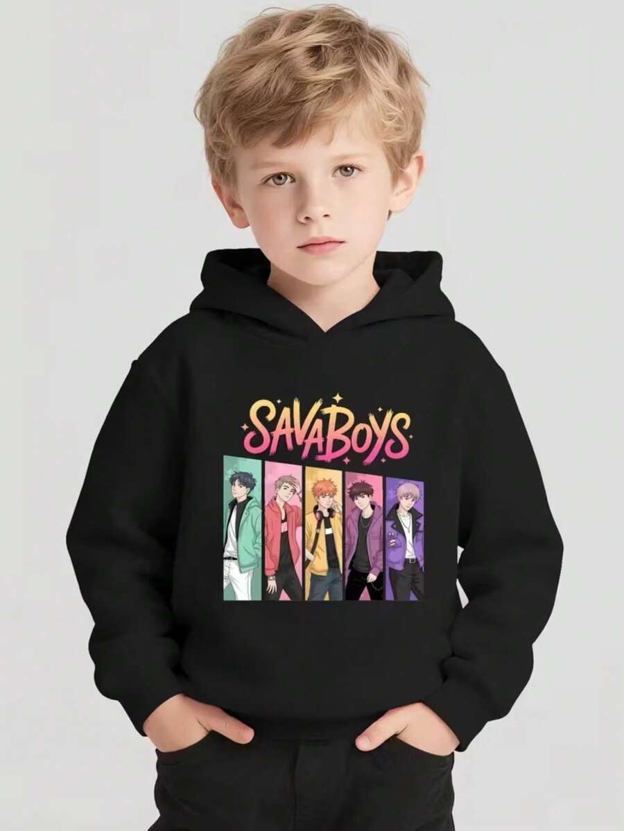 Boy's Korean-Style Graphic Hoodie - Black Pullover Sweatshirt With SAVABOYS Lettering, Warm Long-Sleeved Hoodie For Autumn And Winter. - màu đen - Xem 1