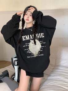Casual Letter And Cat Print Drop Shoulder Sweatshirt,Long Sleeve Tops - Black - View 4
