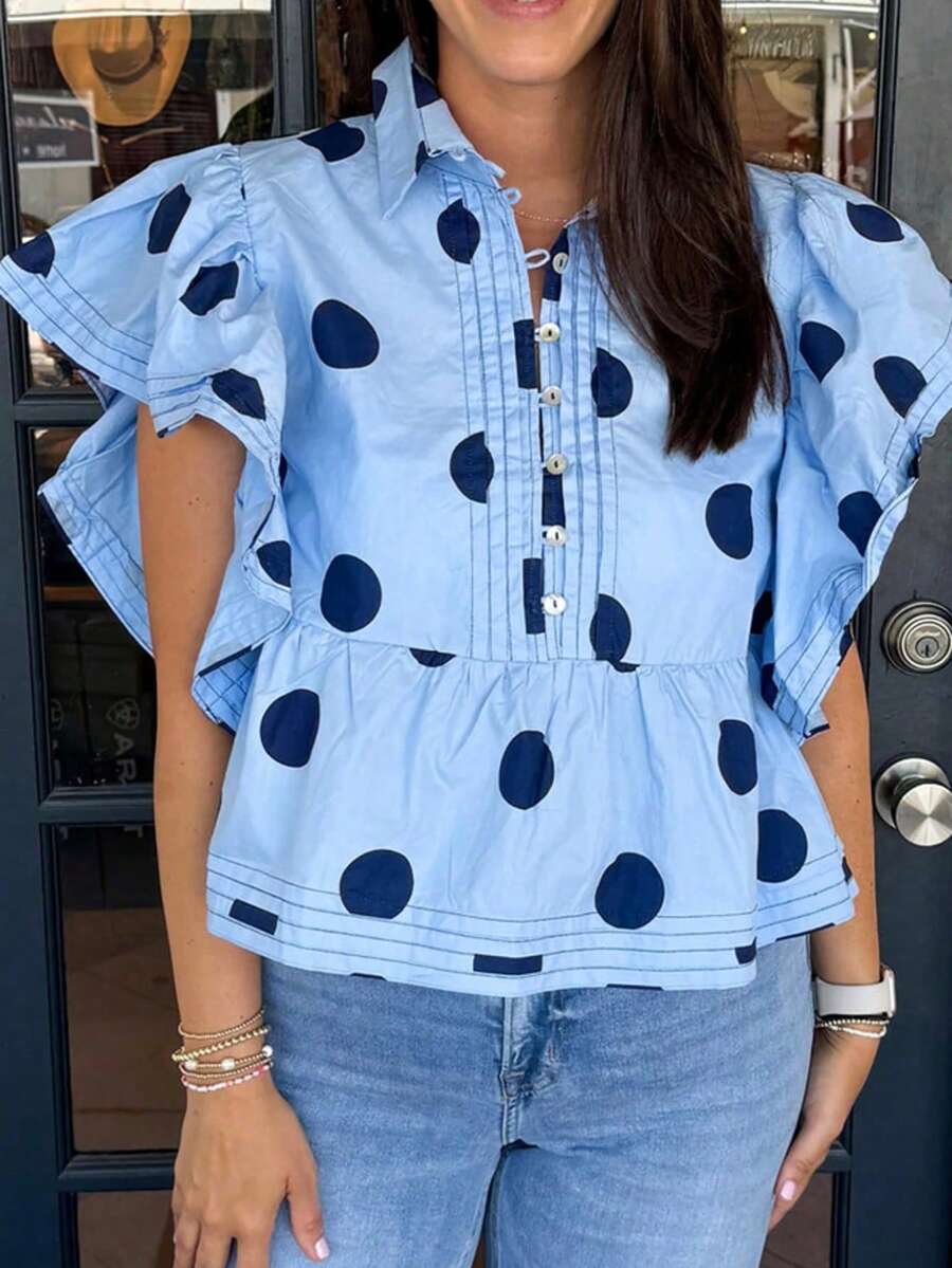 Women's Sky Blue Polka Dot Blouse - Chic & Feminine Ruffled Short Sleeve Shirt - 藍色 - 查看 1