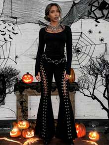 Gothic Lace Flared Pants Are A Must-Have For Women's High-Waisted Y2K Women's Retro And Sexy Slimming Pants In Fashionable OutfitsGothic Lace Bell Bottom Pants – High Waist Flare Pants With Cross Cutout, Sexy Clubwear Halloween Vampire Witchy Outfit, Festival Streetwear Fashion Must-Have