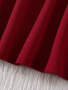 女童公主裙，方领，网眼拼接袖，蝴蝶结装饰，春秋季 - 酒紅色 - 查看 6