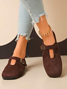 Spring New Fashion Faux Suede Square Toe Flat Women Shoes, Buckle Solid Color Mary Jane Casual Comfortable Daily Wear - Coffee Brown - View 3
