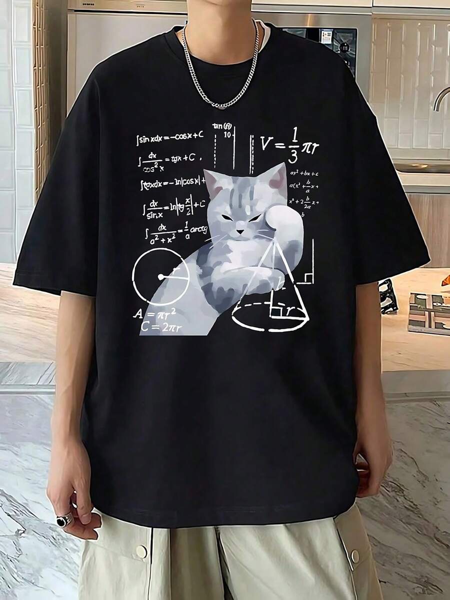 Best Selling Fashion Manfinity Mode Men Casual Animal Cat Graphic Printed Drop Shoulder Short Sleeve T-Shirt, For Going Out - Đen 1 - Xem 1