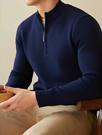  Suéter de punto con media cremallera de manga larga casual para hombre GRDR, versátil para uso diario