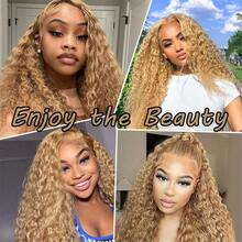 34 Inch 27# Honey Blonde Deep Wave Lace Front Wigs Human Hair 13x6 Deep Curly Wig Human Hair 250% Density Wet And Wavy Lace Front Wigs Human Hair Pre Plucked Deep Wave Wig For Women With Baby Hair - S27 - 查看 6