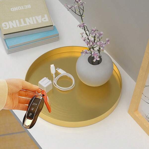1pc Gold Tone Circular Jewelry & Cosmetic Storage Tray, Lightweight Luxury Stainless Steel Catchall Dish