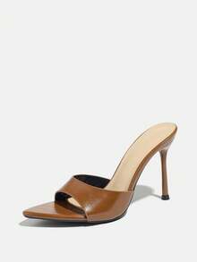 女士高跟镜面穆勒鞋，束腰经典春夏晚宴派对户外时尚街头T台婚礼居家休闲鞋，束腰带尖头电镀细高跟凉鞋，搭配高品质亮面纯色面料，优雅高端复古成熟高贵百搭鞋款，时尚优雅高跟鞋 - 棕色 - 查看 5