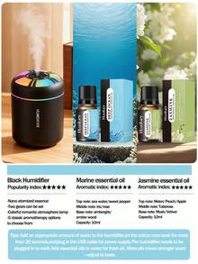1 pieza Humidificador de aroma USB de 180ml con luz de degradado de color - Modos de niebla dual (continuo/intervalo), 5 aromas de aceites esenciales (marino), para difusor de aroma para el hogar o ambientador de coche, opción de color negro/blanco - Negro o blanco - Ver 19