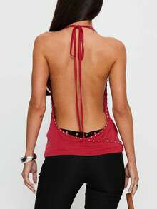 Women's Halter Vest Tops Deep V Cowl Neck Backless Rivet Going Out Tank Tops Cowl Neck Tank Tops Summer Backless Cute Ruched Casual Shirts - Red - View 8