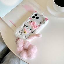 Funda de teléfono de peluche linda y con campana de dibujos animados compatible con iPhone 11 12 13 14 15 16 17 Air Pro Max, Galaxy S23 S24 S25 Plus Ultra, A14 A15 A16 A17 A05S A35 A26 A36 A56 A54 A55 A56 4G/5G, cubierta protectora suave de TPU a prueba de golpes con cordón, nueva versión 2025 - Blanco - Ver 3