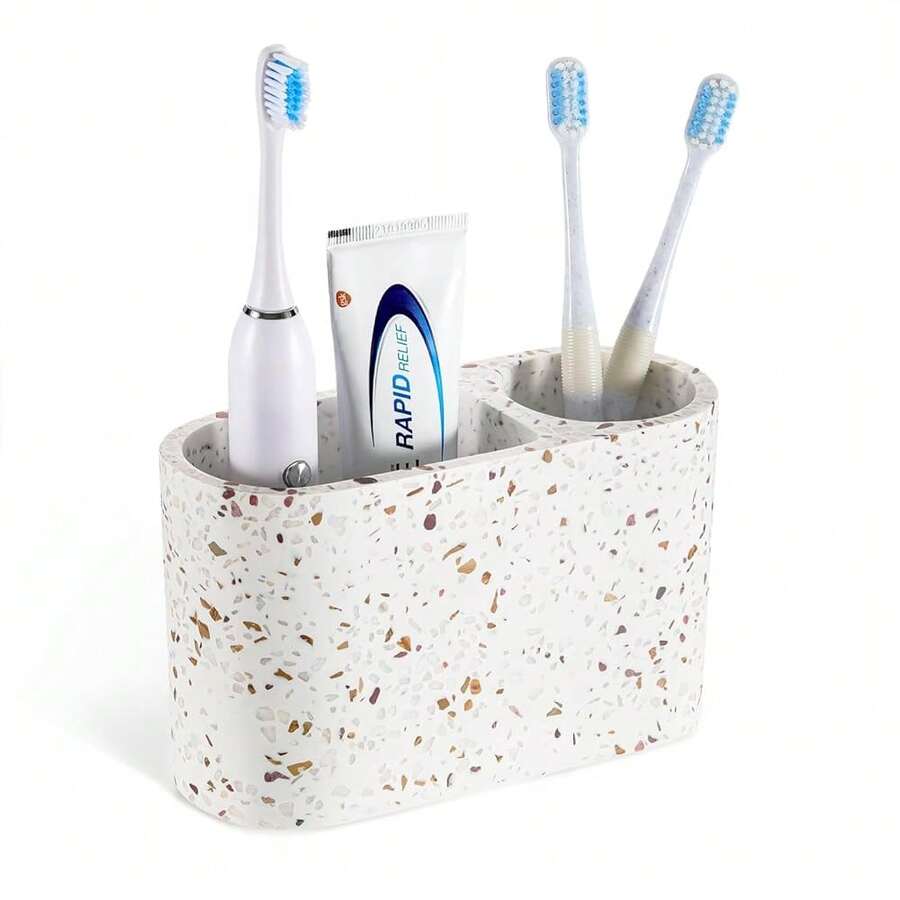Toothbrush Holder, 2 Slots Toothbrush And Toothpaste Holdersfor Bathrooms, Resin Toothbrush Holder Electric Toothbrush Stand For Vanity Countertop, Bathroom Accessories, Terrazzo{Inchsize_nameinch:Inch2Slotsinch,Inchcolor_nameinch:InchTerrazzoinch} - 水磨石 - 查看 1
