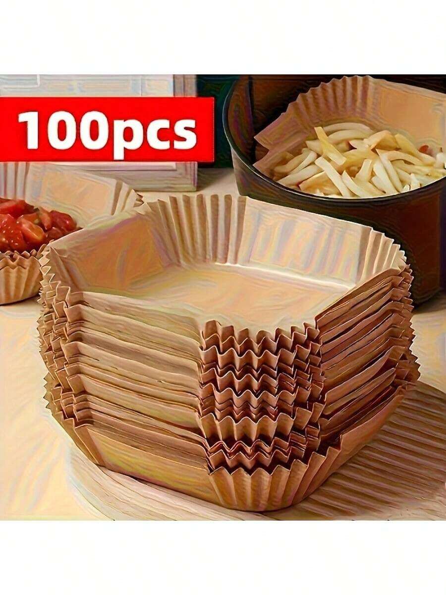100片装，方形一次性空气炸锅纸垫，纸质空气炸锅内衬，纸篮碗，烤盘，烤箱配件，烘焙工具，厨房小工具，厨房配件，感恩节礼物，圣诞节礼物，万圣节礼物，情人节礼物，新年礼物