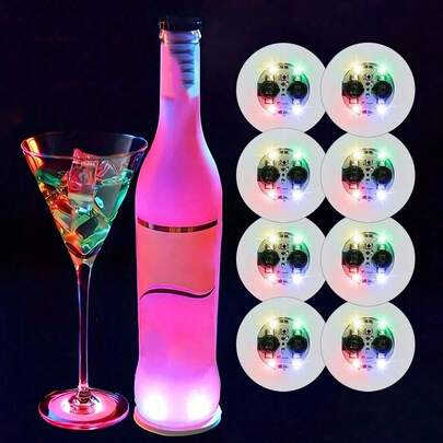 8 件 LED 发光杯垫、LED 酒瓶灯、酒瓶装饰器、用于饮料的 LED 贴纸杯垫圆盘、闪光杯杯垫闪光灯、彩色闪亮酒瓶杯垫、酒瓶 LED 亮光杯垫、酒吧和夜总会照明装饰、活动和派对装饰、派对用品、音乐节
