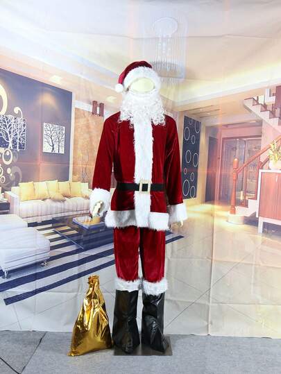 7pcs Set, Children Christmas Costume Mascot, Deluxe Burgundy Velvet Santa Claus Costumes For Kids, Boy Girl Santa Outfits Zipper Jacket, Trousers With Elastic, Hat, Beard, Elastic Belt, Boots Covers, Santa Sack, Santa Suits For Xmas Decoration Indoor Outdoor