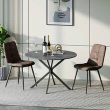 Dining Table And Chairs Set Of 2, Grey Folding Round Dining Table With 2 Brown PU Leather Chairs For Dining Room, Kitchen, Living Room - Gray Table + 2 Brown PU Chairs - View 2