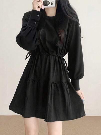 休闲百搭纯色抽绳长袖连衣裙 黑色 春季