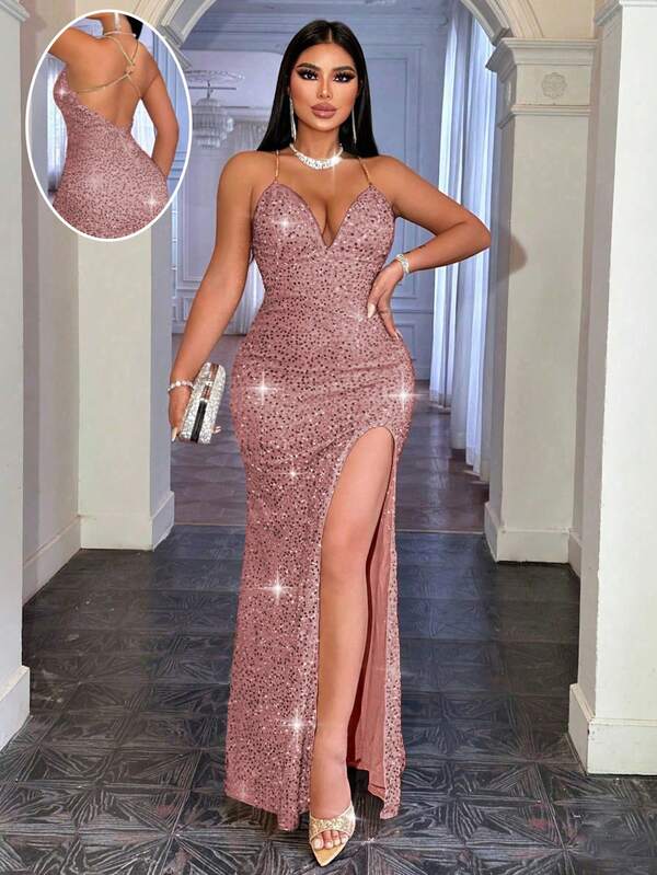 CHOSMO Metallic Chain Strap Backless High Waist Slit Dress, Elegant Formal Gown For Women, Suitable For Gala, Wedding, Cocktail Party