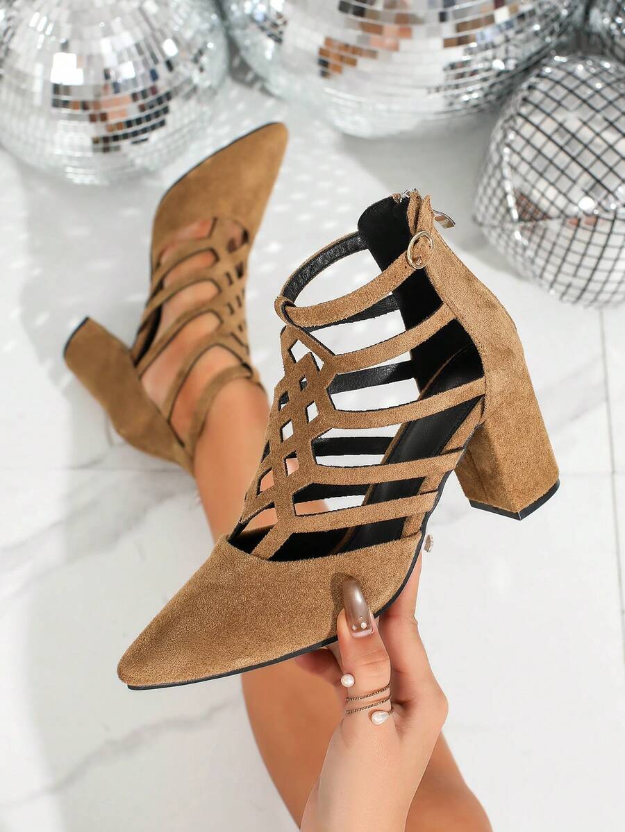 Sandal Hak Tinggi Wanita Berujung Lancip, Modis, Elegan, Warna Solid, Motif Belah Ketupat, Berongga, Bergaya untuk Pesta Klub, Pakaian Musim Semi dan Musim Panas - Aprikot - View 1
