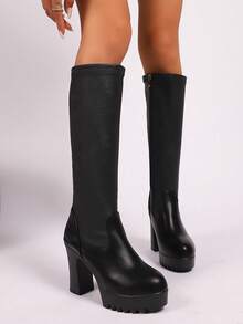 Fall/Winter Women's New Thick Heel Over-The-Knee Boots, Black Side Zipper Fashion Round Toe Slim Elastic Boots, Sexy Super High Heel European And American Punk Party Thigh High Boots - Black - View 1